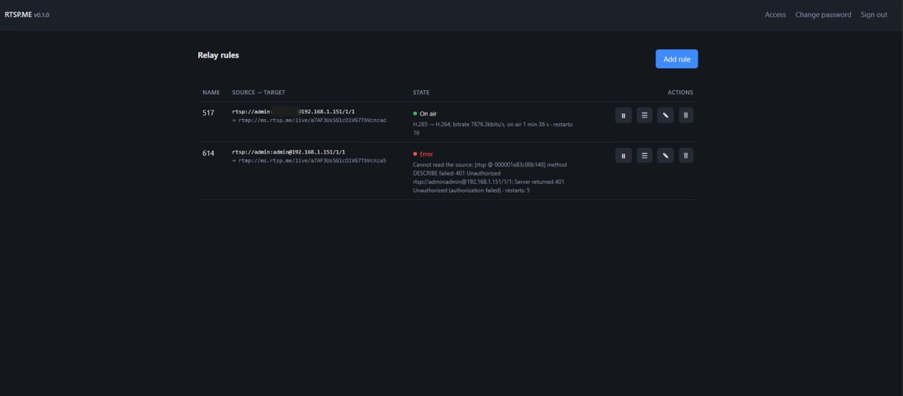 Adding a stream in the rtsp.me agent's web interface