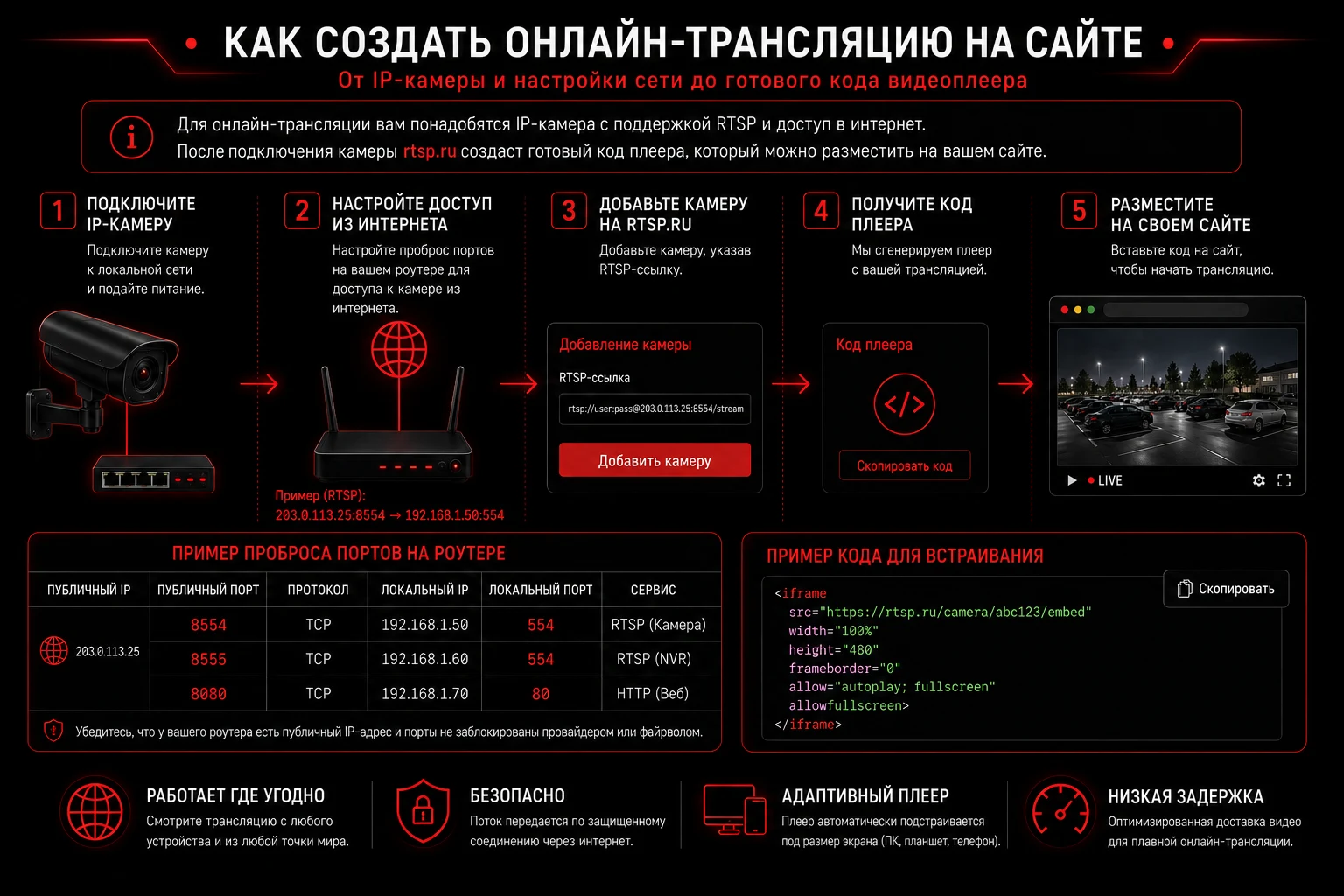 Схема создания онлайн-трансляции: подключение IP-камеры, настройка доступа из интернета, добавление камеры на rtsp.ru, получение кода плеера и размещение его на сайте