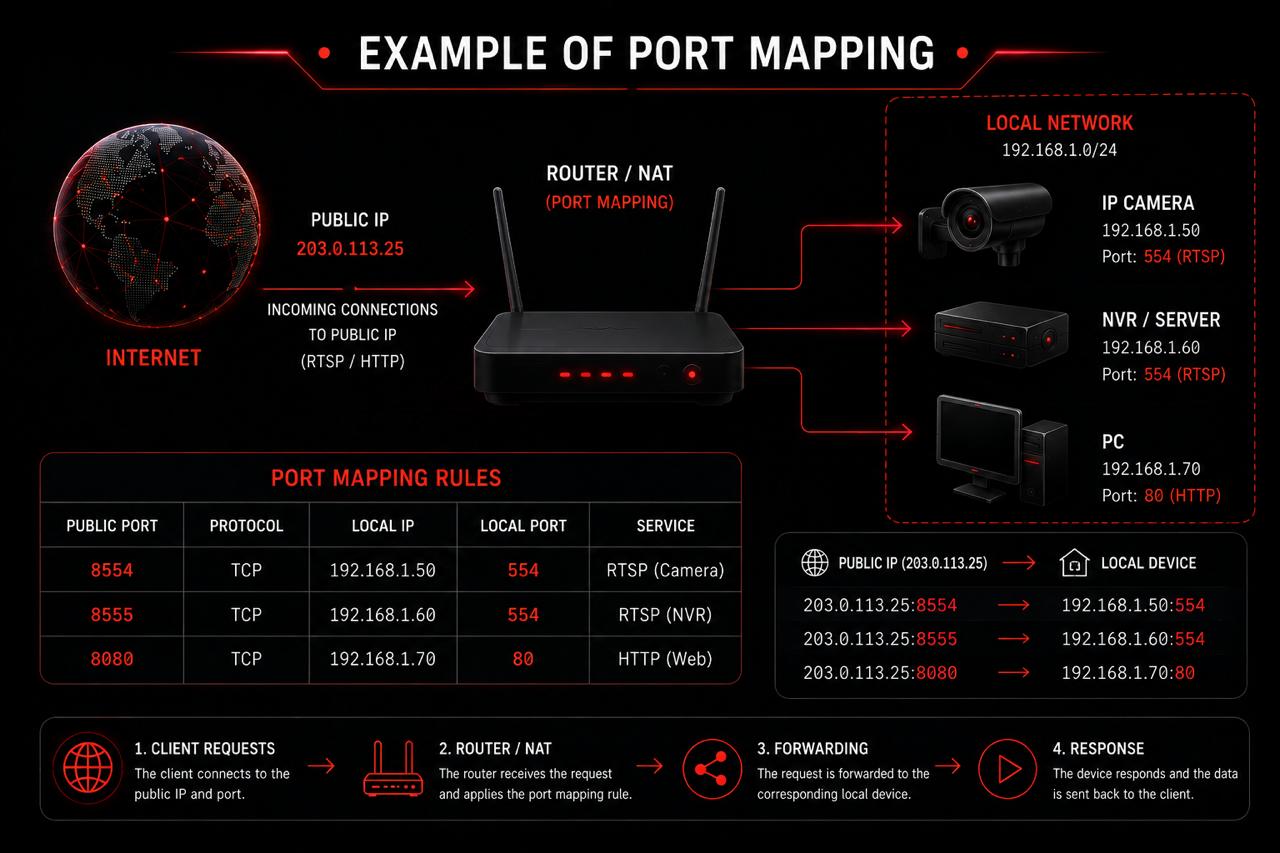 Diagram of an external RTSP port on a router being forwarded to the local port of an IP camera
