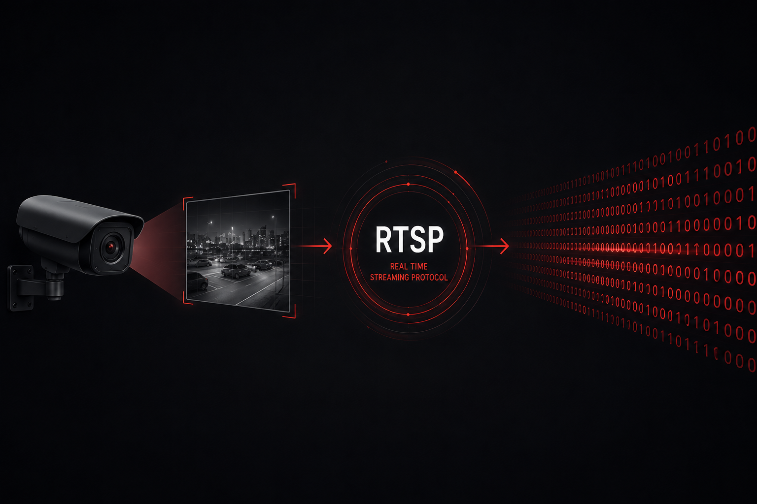Diagram of a picture traveling from an IP camera over the RTSP protocol into a digital video stream